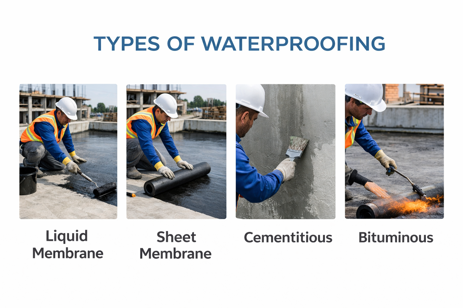 Types of waterproofing methods: liquid, sheet, cementitious, and bituminous