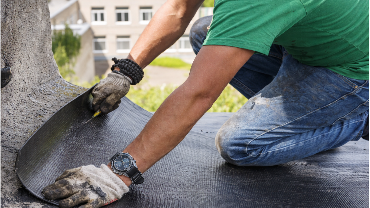A construction worker is setting up the waterproofing membrane black in colour