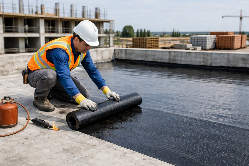 Construction worker is setting up Waterproofing membrane in a building roof.